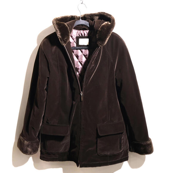 VTG Whte Stag Brown Velvet Coat Faux Fur Trim Hooded Zip‎ Flap Pockets Glam XXL - Picture 1 of 5